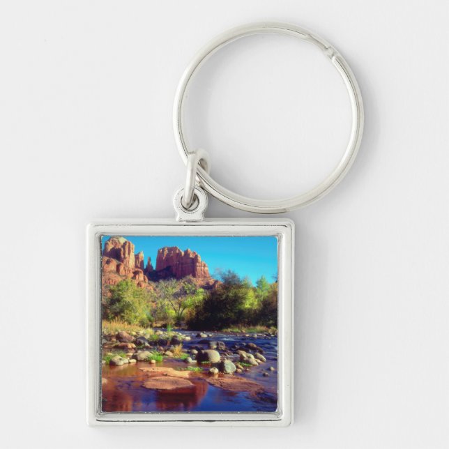Cathedral Rock reflecting in Oak Creek Key Ring (Front)