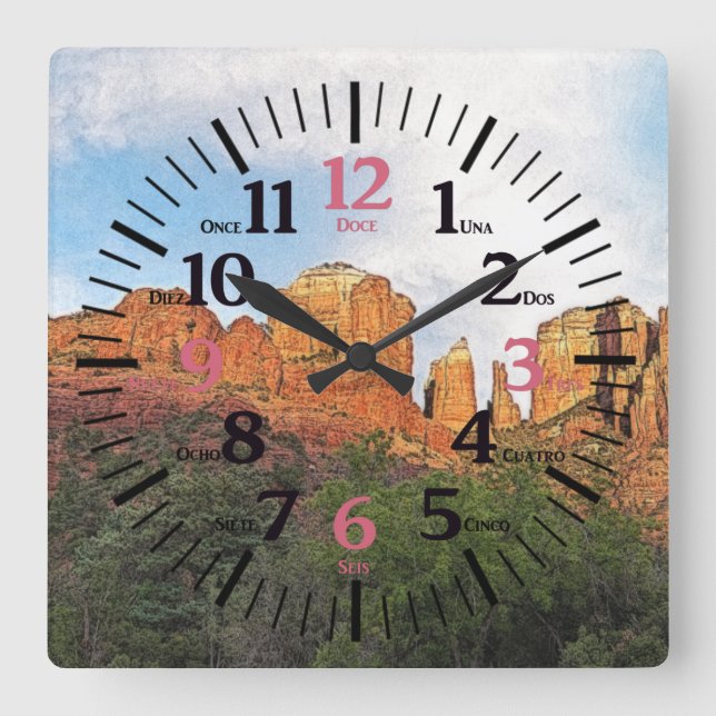Cathedral Rock Sedona Arizona in Spanish/English Square Wall Clock (Front)