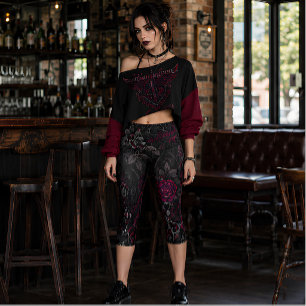 Cathedral Rose Gothic Crimson Floral Alt Fashion Capri Leggings