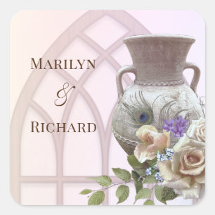 Cathedral Window, Urn, & Floral Wedding Square Sti Square Sticker