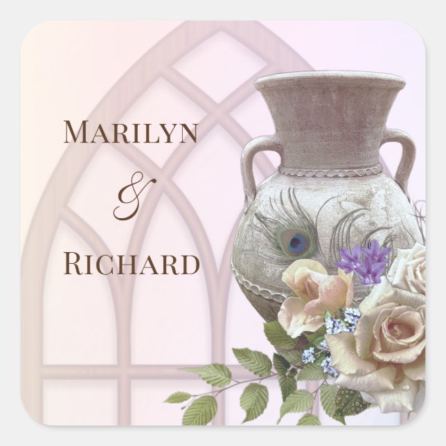 Cathedral Window, Urn, & Floral Wedding Square Sti Square Sticker (Front)