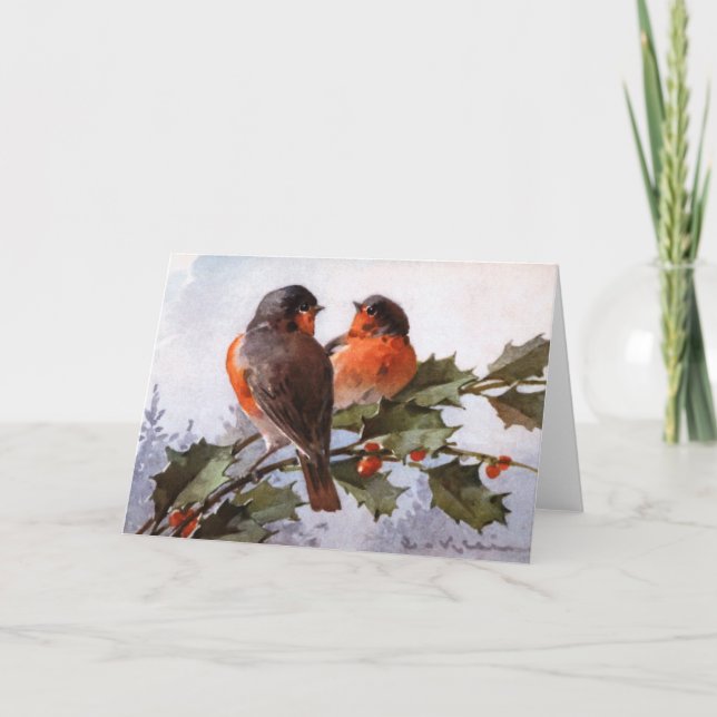 Catherine Klein: Robins on Holly Holiday Card (Front)