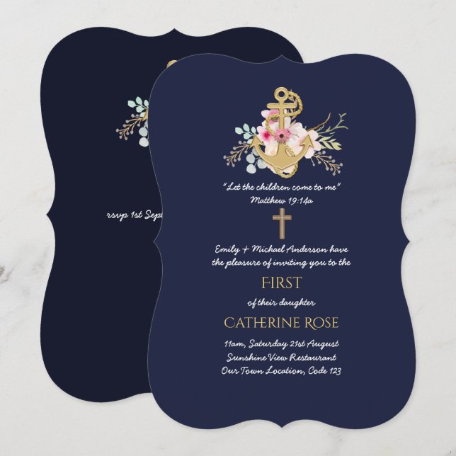Catholic 1st Birthday Invitation Watercolor Floral (Front/Back)