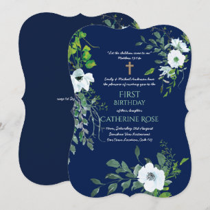 Catholic 1st Birthday Invitation Watercolor Floral