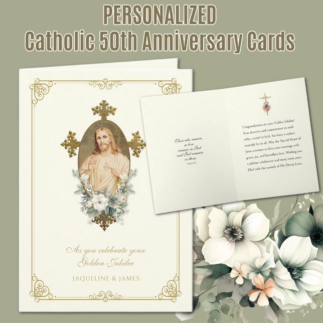 Catholic 50th Wedding Jubilee Anniversary Jesus Card (Traditional Catholic Sacred Heart of Jesus Golden 50th Wedding Anniversary Card)