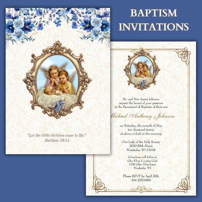 Catholic Baptism Christening Angels Floral Invitation (Creator Uploaded)