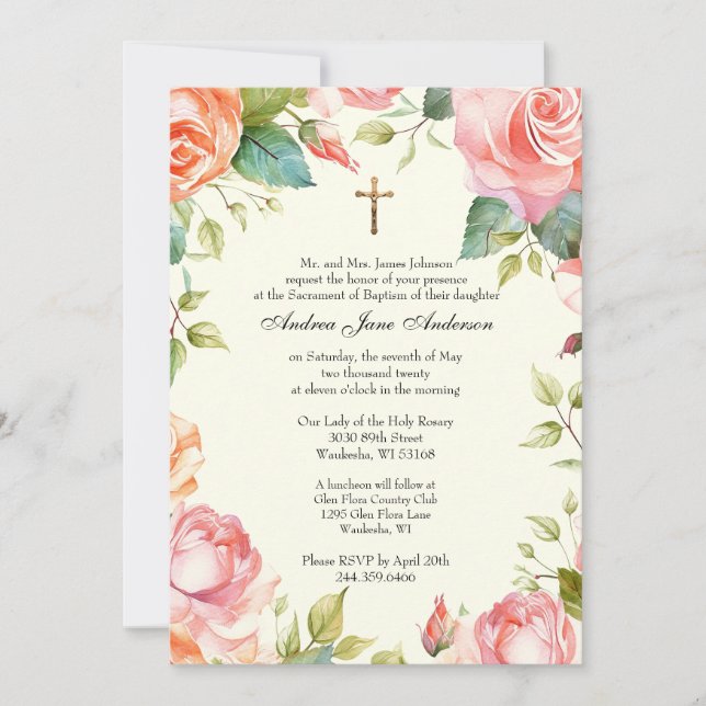 Catholic Baptism Christening Child Jesus Floral Invitation (Front)