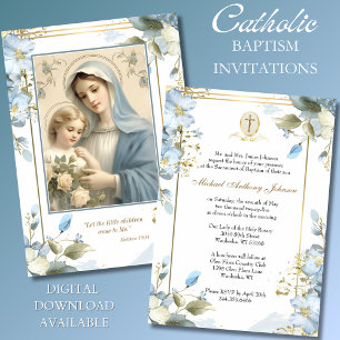 Catholic Baptism Christening Mary Jesus Blue  Invitation
