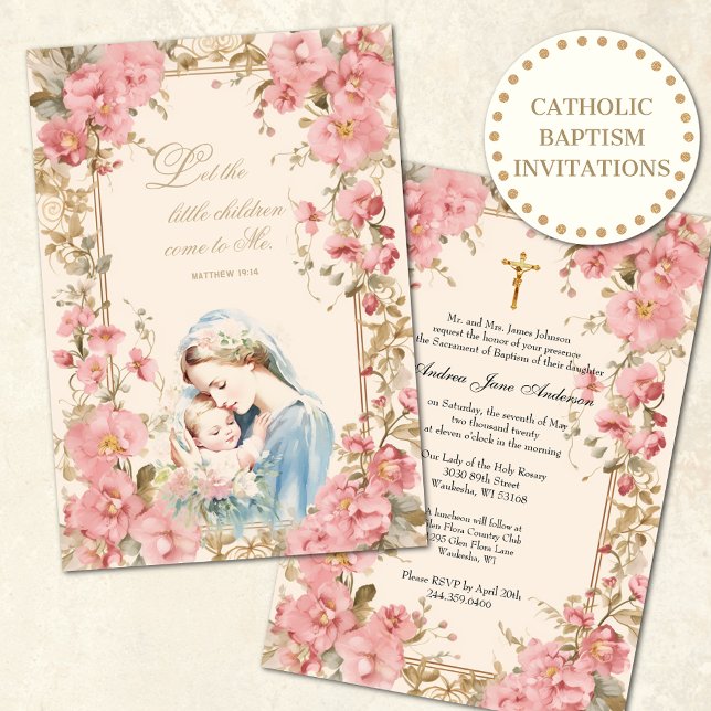 Catholic Baptism Christening Pink Floral Mary Invitation (Creator Uploaded)
