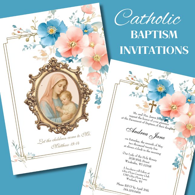 Catholic Baptism Floral Jesus Blessed Mother Invit Invitation (Creator Uploaded)