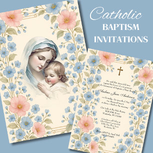 Catholic Baptism Floral Jesus Blessed Mother Invitation