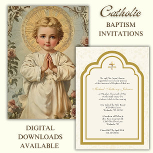 Catholic Baptism Floral Jesus Praying Invitation