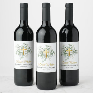 Catholic Baptism Watercolor Green Leaves Religious Wine Label