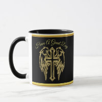 catholic black and gold foil cross with wings