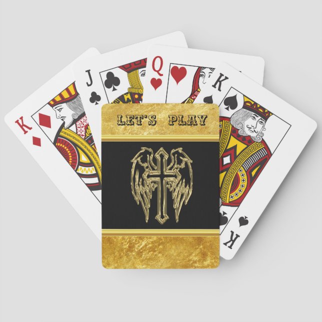 catholic black and gold foil cross with wings playing cards (Back)