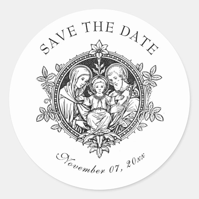 Catholic Black and White Wedding  Holy Family Classic Round Sticker (Front)