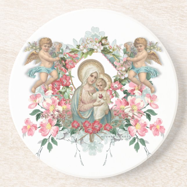 Catholic Blessed Virgin Mary Baby Jesus Floral Coaster (Front)