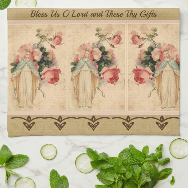 Catholic Blessed Virgin Mary Floral Prayer Tea Towel (Folded)