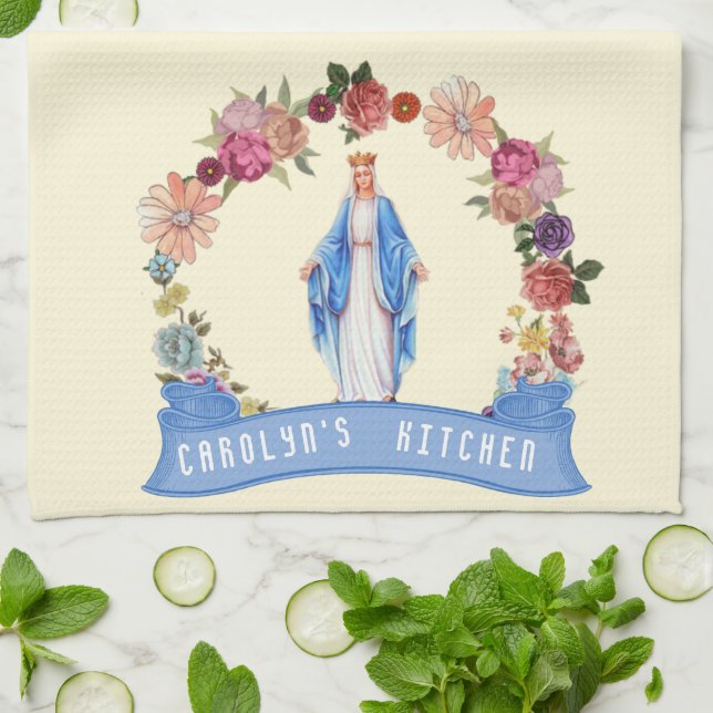 Catholic Blessed Virgin Mary Religious Floral Tea Towel (Folded)
