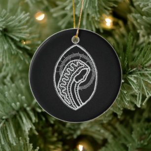 Catholic Blessed Virgin Mary White Lace on Black Ceramic Tree Decoration