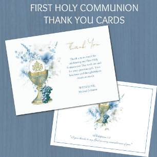 Catholic Blue Floral First Communion Thank You Card