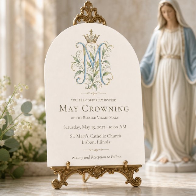 Catholic Blue Floral Marian Monogram May Crowning  Invitation (Creator Uploaded)