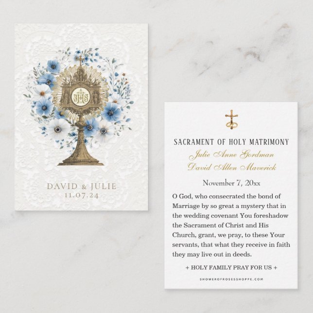 Catholic Blue Floral Monstrance Wedding Holy Card (Front/Back)