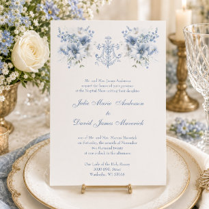Catholic Blue Floral Religious Mary Wedding Invitation