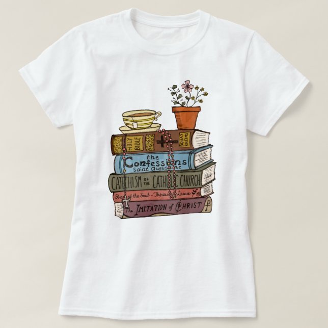 Catholic Book Stack Shirt, Bible Verse Godmother T-Shirt (Design Front)