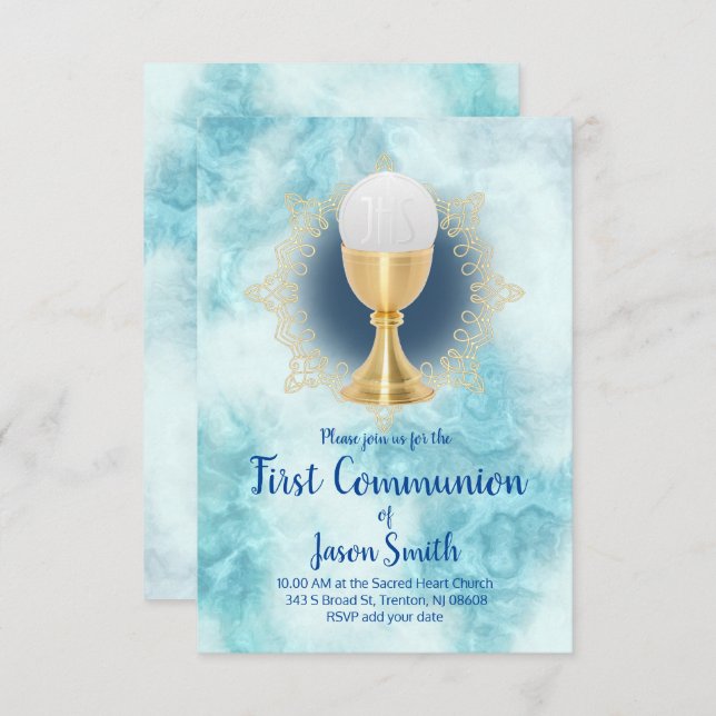 catholic boy First Communion blue marble Invitation (Front/Back)