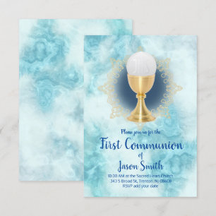 catholic boy First Communion blue marble Invitation