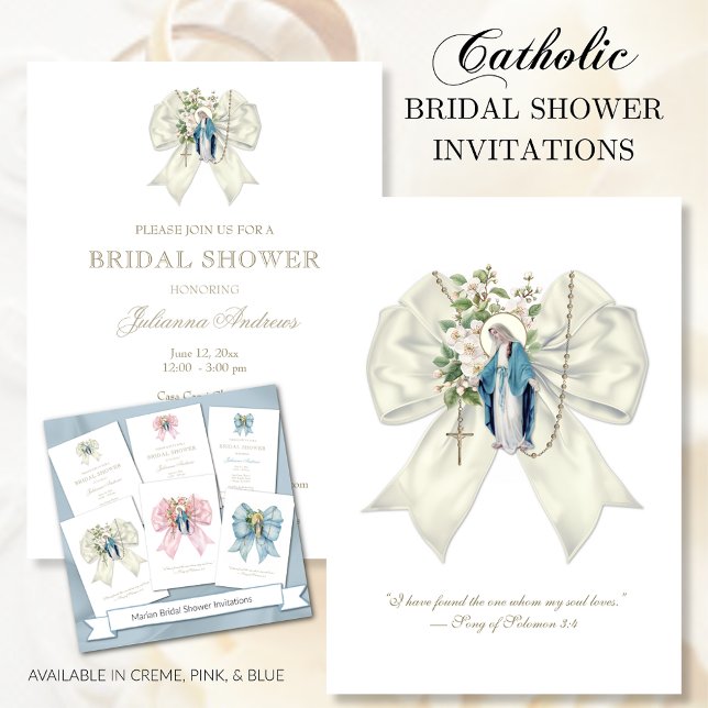 Catholic Bridal Shower Blessed Mary Creme Rosary Invitation (Creator Uploaded)