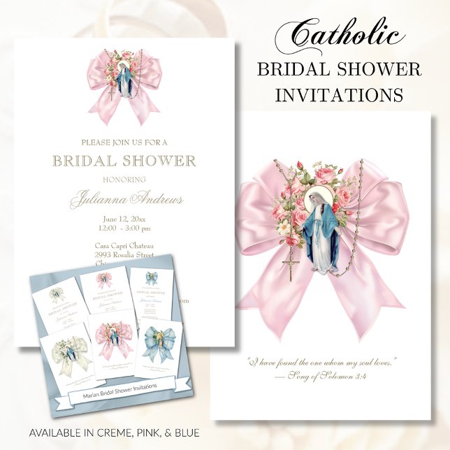 Catholic Bridal Shower Blessed Mary Pink Rosary Invitation (Creator Uploaded)