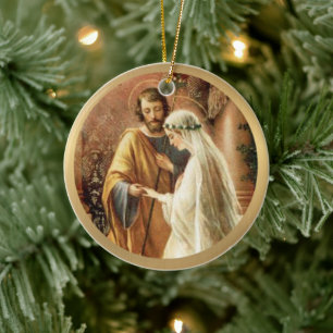 Catholic Bride & Groom Mary St. Joseph Gold  Ceramic Tree Decoration