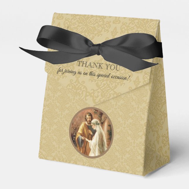 Catholic Bride & Groom Mary St. Joseph Gold Damask Favour Box (Front Side)