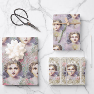Catholic Child Jesus Religious  Pink Roses Vintage Wrapping Paper Sheet