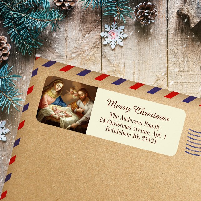 Catholic Christian Merry Christmas Holy Family (Vintage Religious Catholic Christian Merry Christmas Holy Family Holiday Return Address Label)