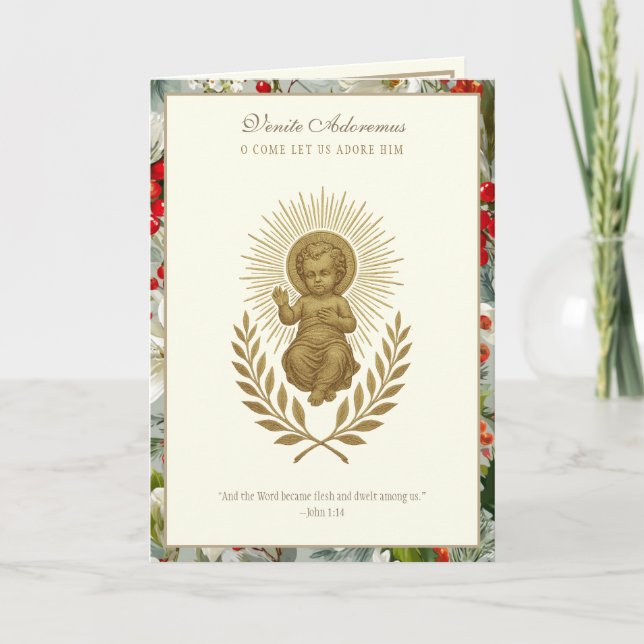 Catholic Christmas Baby Jesus Poinsettia Holiday Card (Front)