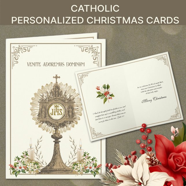 Catholic Christmas Eucharist Poinsettia Floral Holiday Card (Traditional Catholic Religious Christmas Cards with Eucharist and Poinsettias)