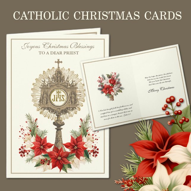 Catholic Christmas Eucharist Poinsettia Floral Holiday Card (Traditional Catholic Christmas Cards with red poinsettias)