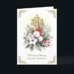 Catholic Christmas IHS Floral Poinsettia Holiday Card<br><div class="desc">Celebrate the birth of Christ with this beautifully designed Christmas card featuring vibrant holiday poinsettias adorning the sacred IHS symbol, representing the Holy Name of Jesus. The elegant design captures the essence of Christmas, blending festive cheer with deep spiritual meaning. Inside, a heartfelt verse reflects the joy and peace of...</div>