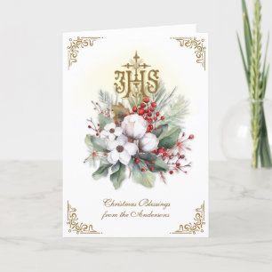 Catholic Christmas IHS Floral Poinsettia Holiday Card