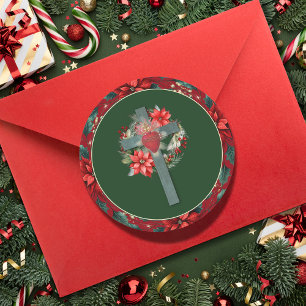Catholic Christmas Sacred Heart and Poinsettia  Classic Round Sticker