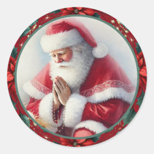 Catholic Christmas Santa with Rosary Poinsettias Classic Round Sticker