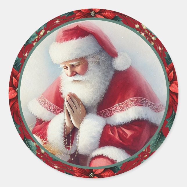 Catholic Christmas Santa with Rosary Poinsettias Classic Round Sticker (Front)