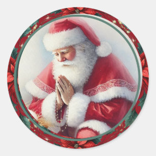 Catholic Christmas Santa with Rosary Poinsettias Classic Round Sticker