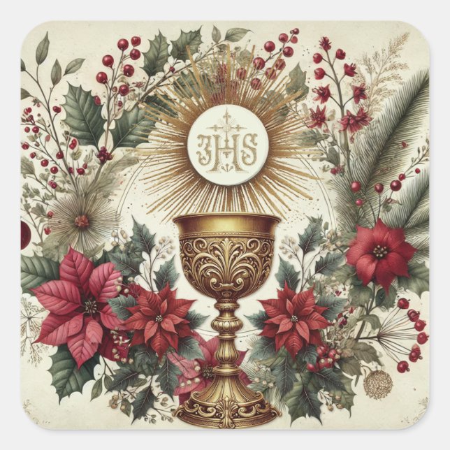 Catholic Christmas Sticker Eucharist Poinsettias (Front)