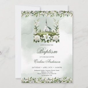 Catholic Church watercolor lilies & roses Baptism Invitation