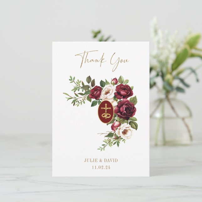 Catholic Claret Floral Gold Crucifix Wedding Thank You Card (Standing Front)