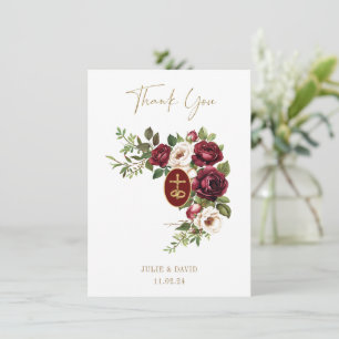Catholic Claret Floral Gold Crucifix Wedding Thank You Card